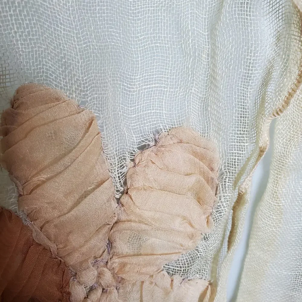 Unique Whimsical Linen Gauze Floral Applique Fringe Sheer Scarf Ethereal Earthy